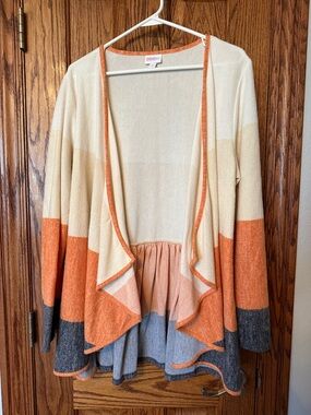 LuLaRoe Colorblock Open Cardigan in Cream, Orange & Gray